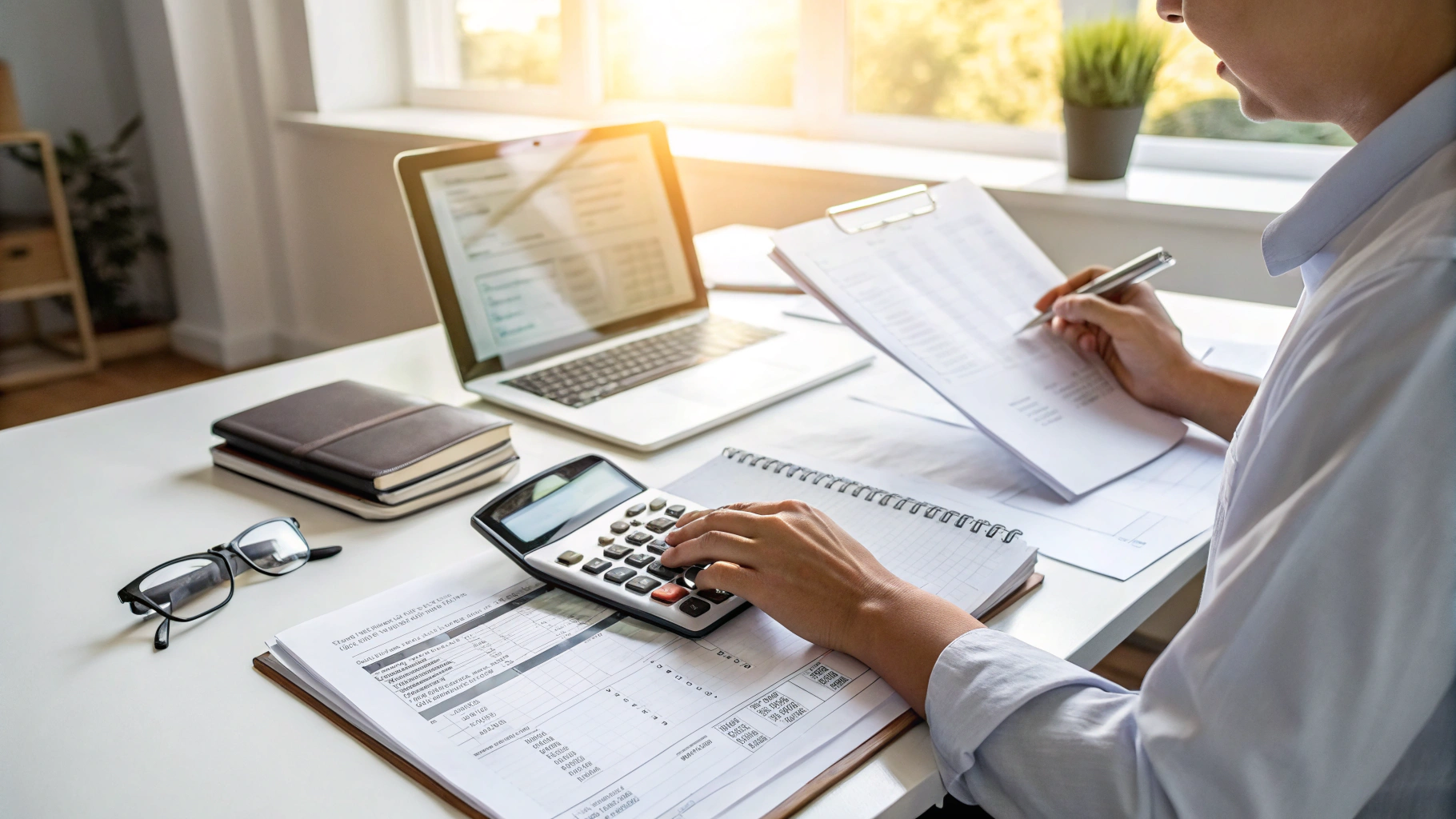 Accountant reviewing financial reports and balance spreadsheets