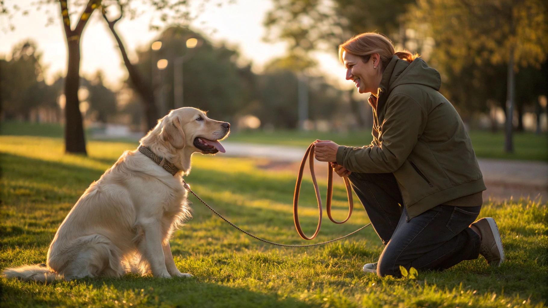 Professional dog trainer working with a golden retriever outdoors