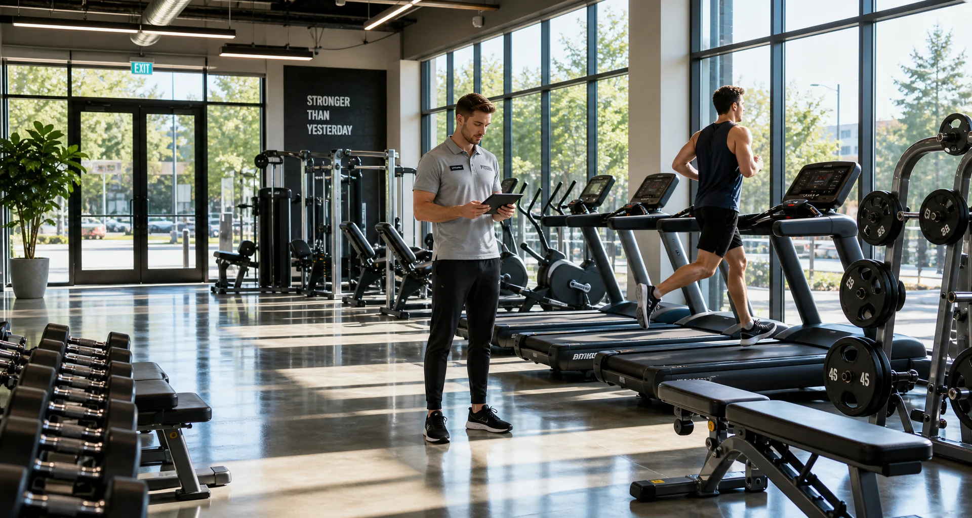 Modern functional fitness training facility with barbells and turf area