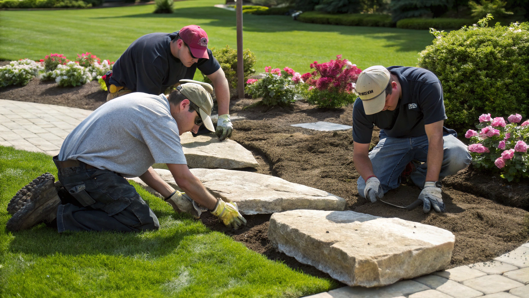 Landscaping professional designing stone walkway and garden greenery