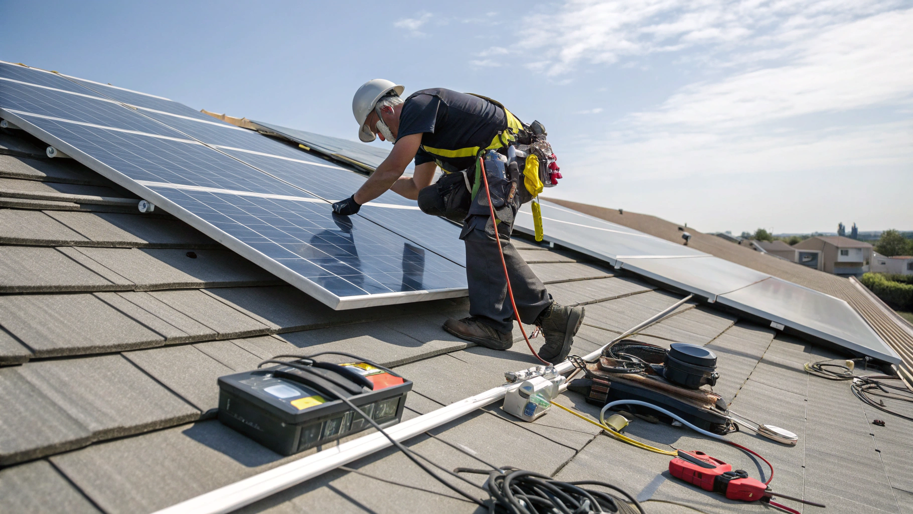 Solar technician installing rooftop photovoltaic panels